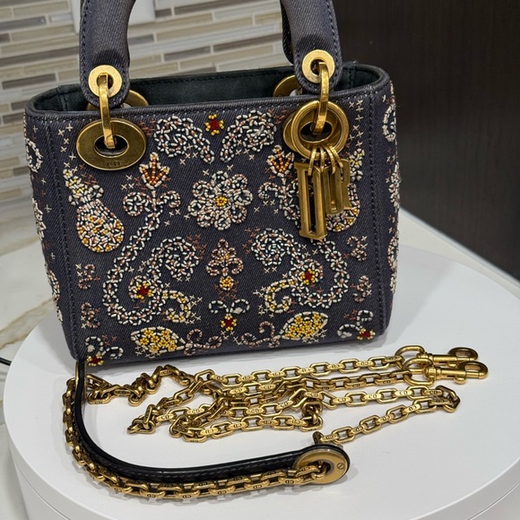 LADY DIOR DENIM ALL HAND STUDDED AND STITCHED with beautiful gold hardware SMALL - Picture 4 of 10